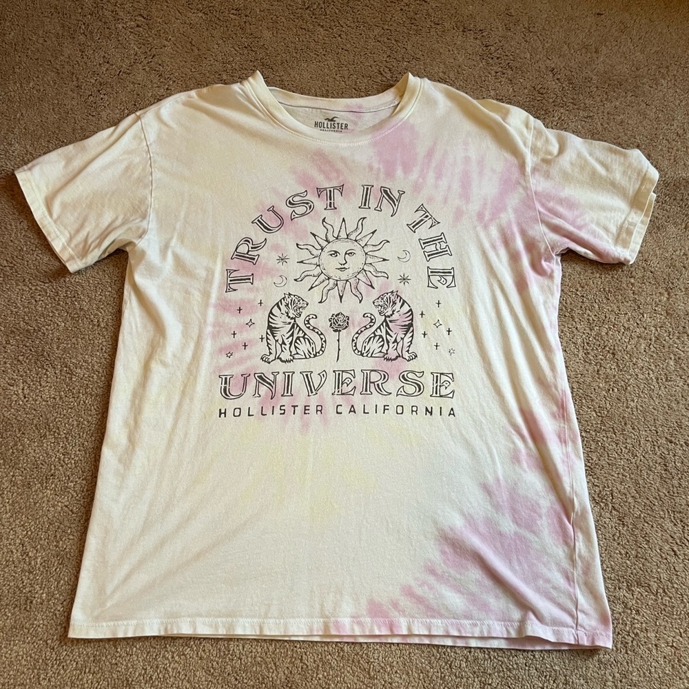 Hollister Pink and Yellow Tie Dye Graphic Short Sleeve Tee
